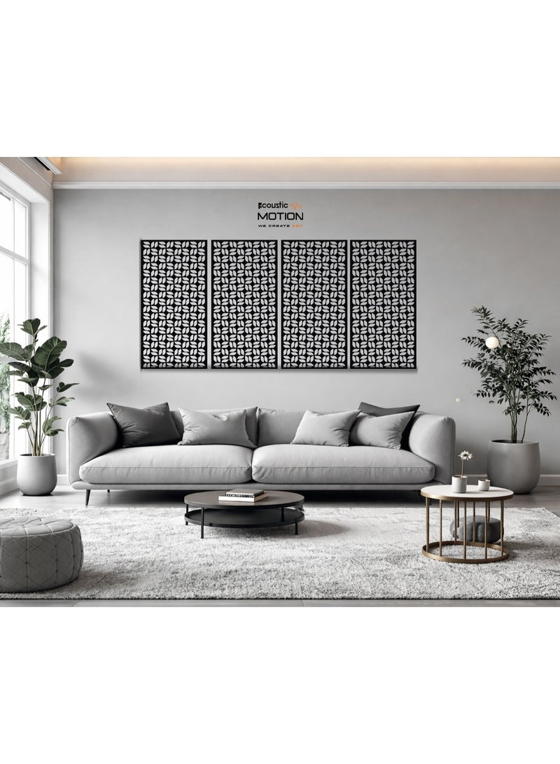 أكويستك موشان لوحات ديكور فنية جدارية خشبية من ACOUSTIC MOTION®، تصميم  FLORIX مع شريط لاصق مزدوج الوجه، معلق على الحائط باللون الأسود الحديث للمنزل وغرفة المعيشة وغرفة النوم والمكتب والفندق، 25 × 50 × 0.5 سم، مجموعة مكونة من 4 قطع - Image 4